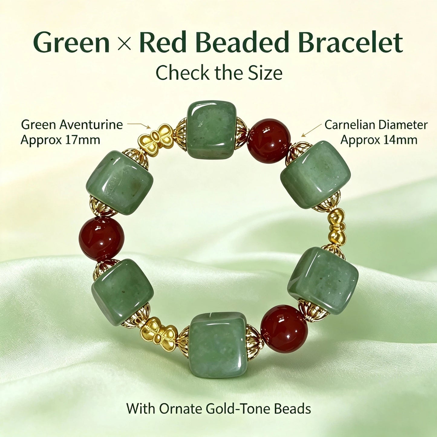 Green Aventurine Carnelian Beaded Bracelet, Natural Stone Bracelet with Gold Spacers for Men Women