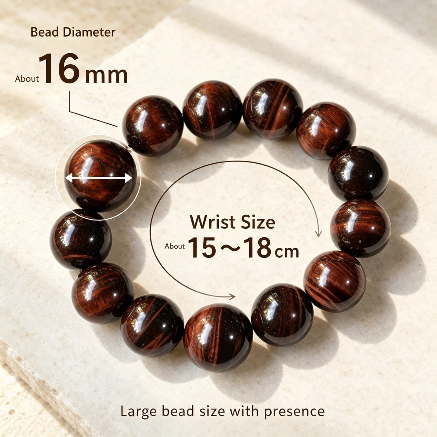 16mm Red Tiger Eye Round Beaded Bracelet, Polished Stone Bead Bracelet, Handmade Jewelry Gift for Men Women