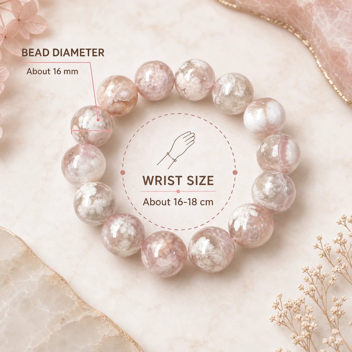Flower Agate Round Beaded Bracelet, 16mm Polished Stone Bead Bracelet, Handmade Fashion Jewelry Accessory for Women, Collection & Gift Ornament