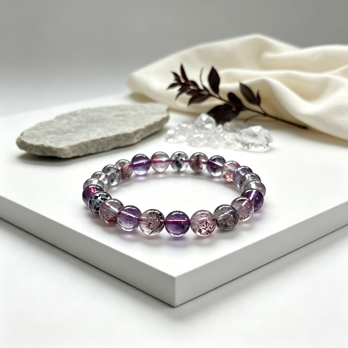 7-8mm Super Seven Natural Crystal Stretch Bracelet Unisex Fits 6.3-6.7in Wrist