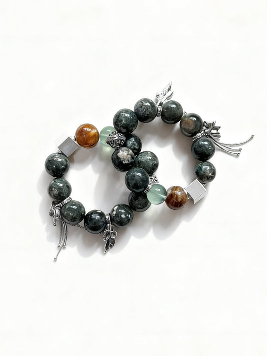 Green rabbit fur & golden healer & green fluorite original design bracelet Chunky beads