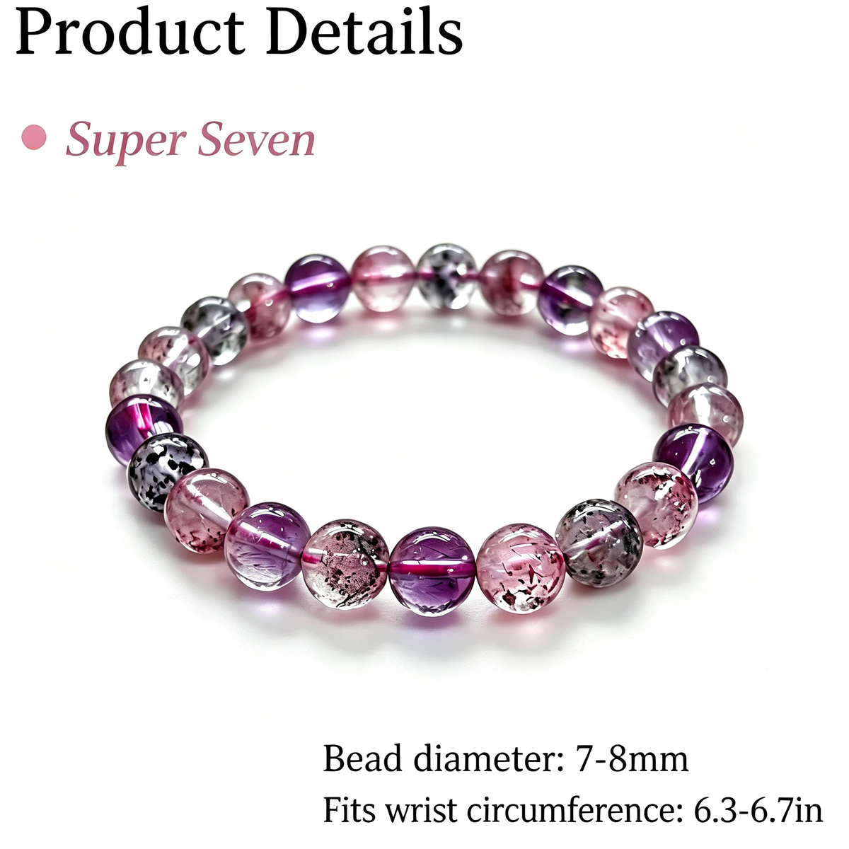 7-8mm Super Seven Natural Crystal Stretch Bracelet Unisex Fits 6.3-6.7in Wrist