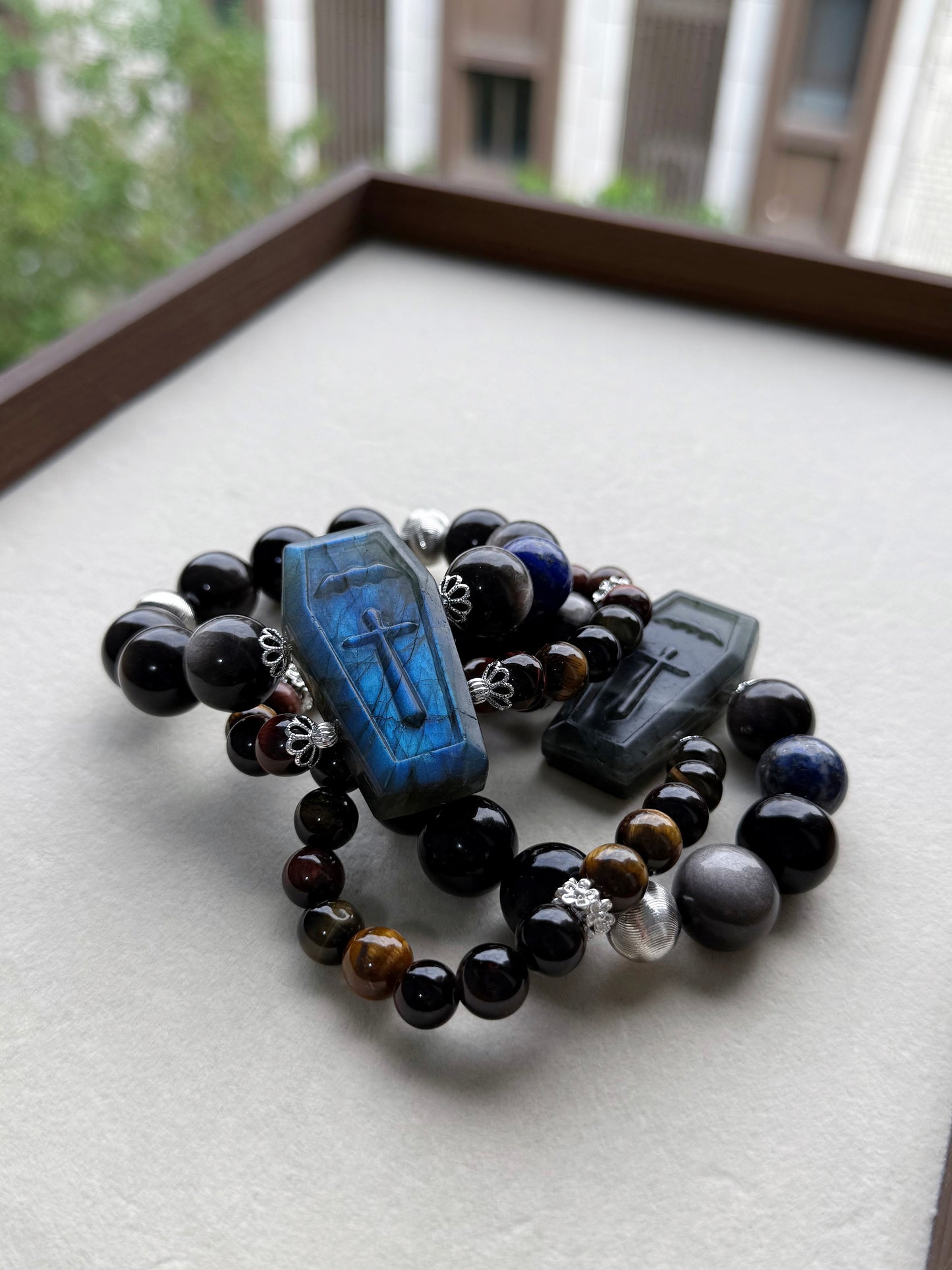 Silver obsidian & tigers eye & labradorite tomb original design bracelet