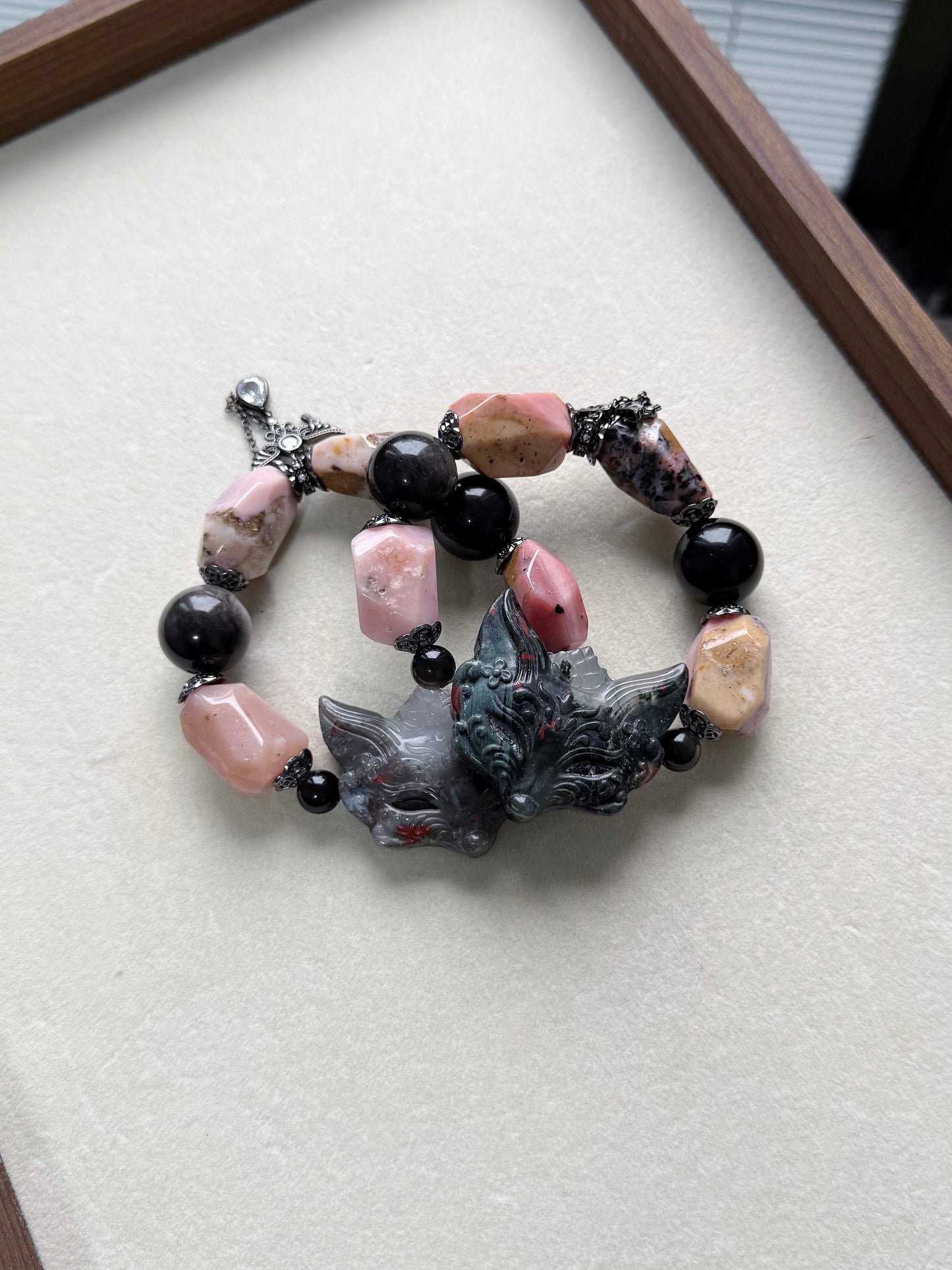 Pink opal & bloodstone fox original design bracelet Chunky beads