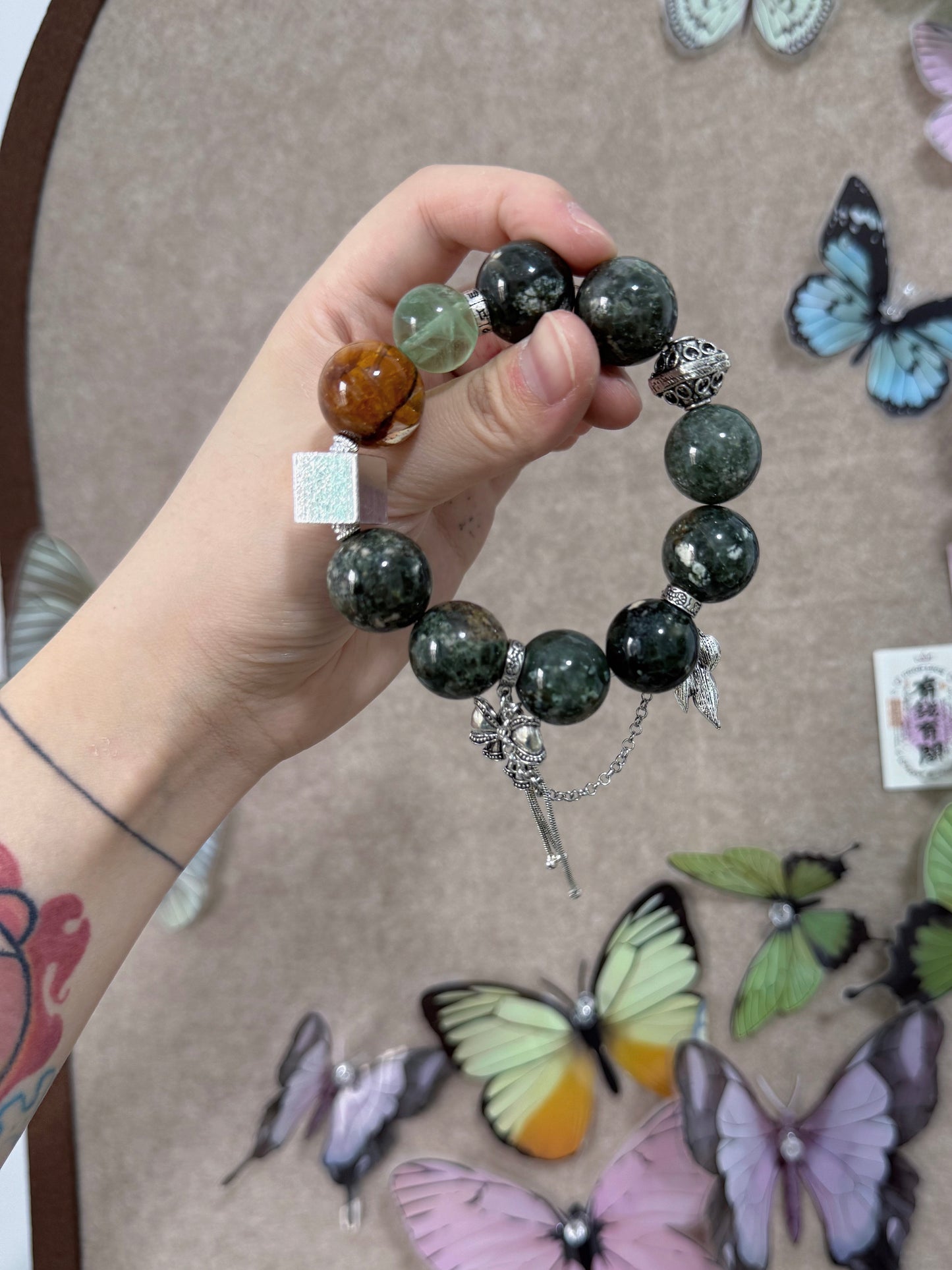 Green rabbit fur & golden healer & green fluorite original design bracelet Chunky beads