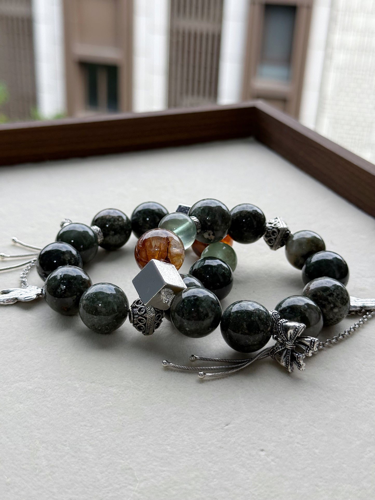 Green rabbit fur & golden healer & green fluorite original design bracelet Chunky beads