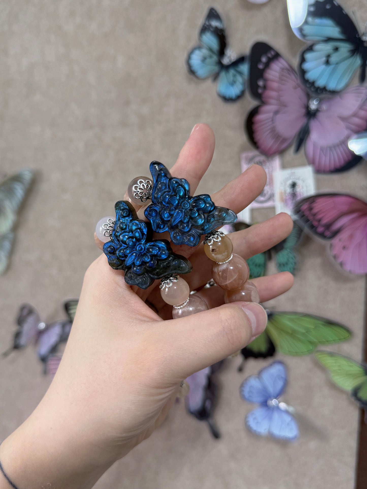Peach moonstone & labradorite butterfly original design bracelet