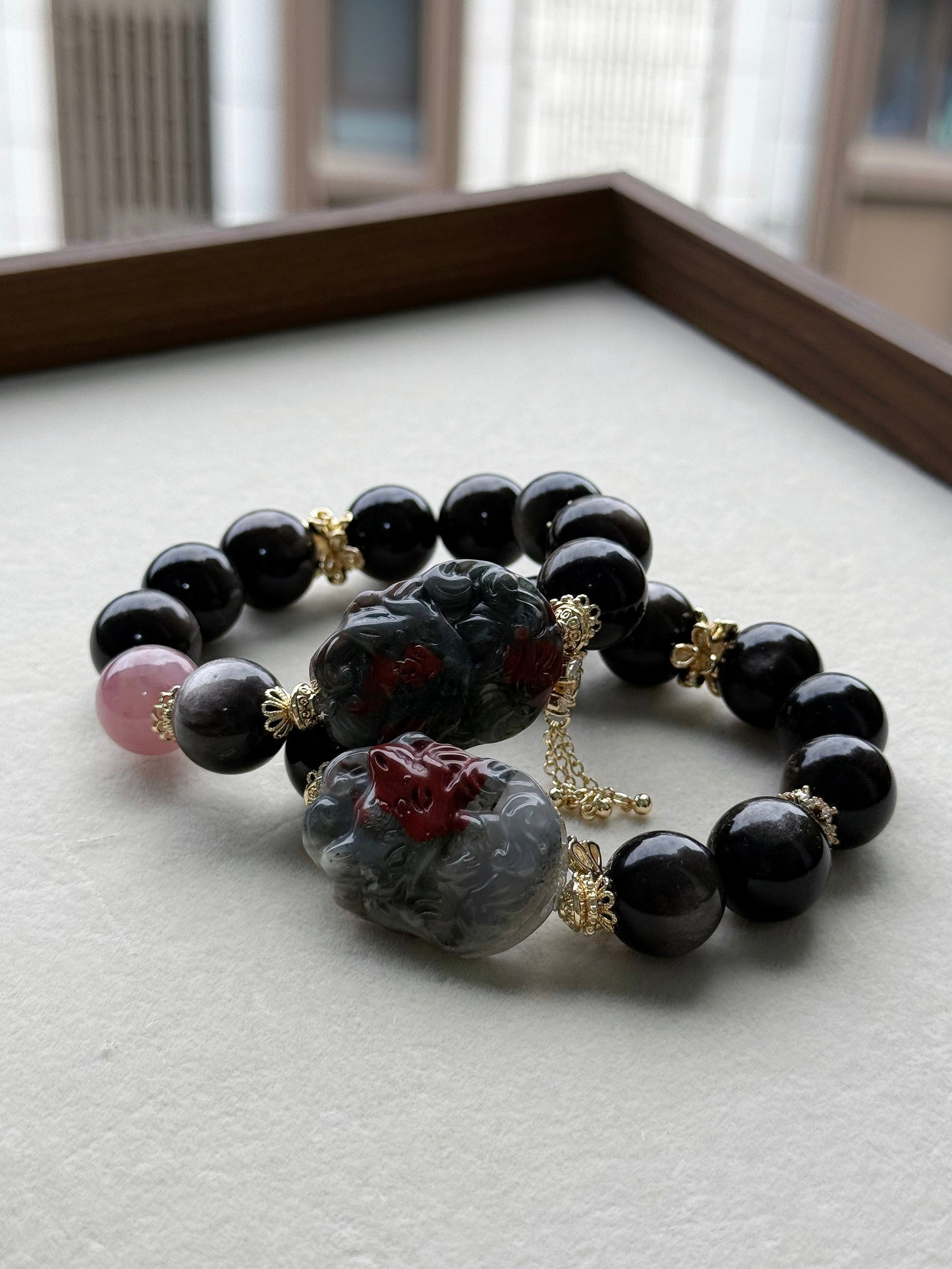 silver obsidian & bloodstone fox & rose quartz original design bracelet