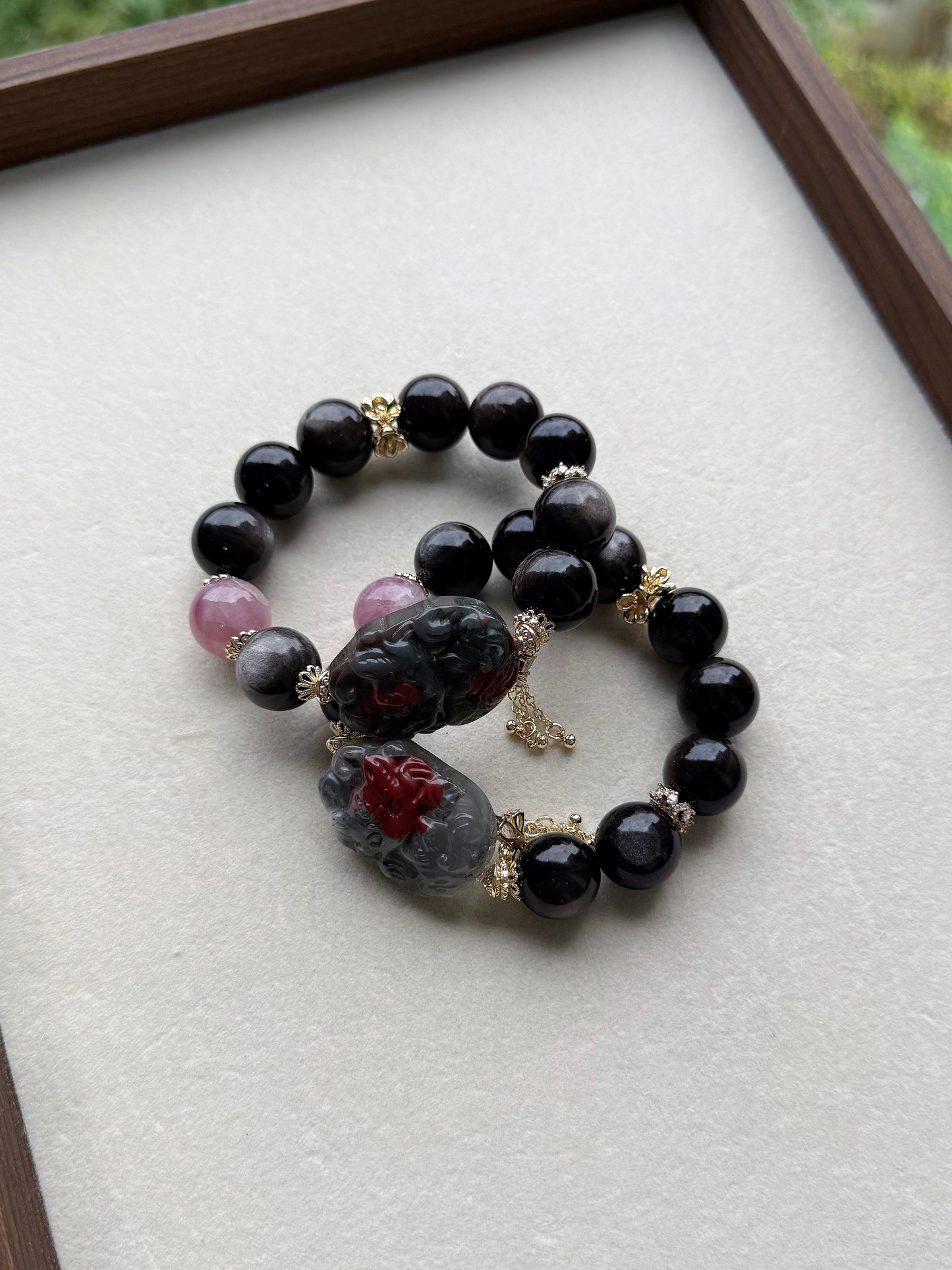 silver obsidian & bloodstone fox & rose quartz original design bracelet