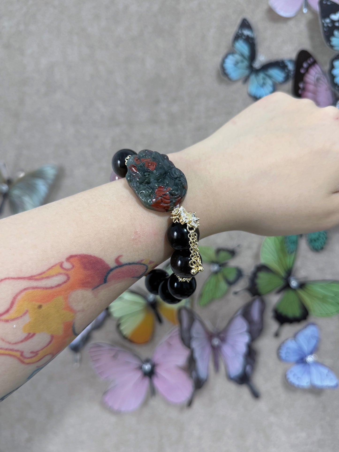 silver obsidian & bloodstone fox & rose quartz original design bracelet