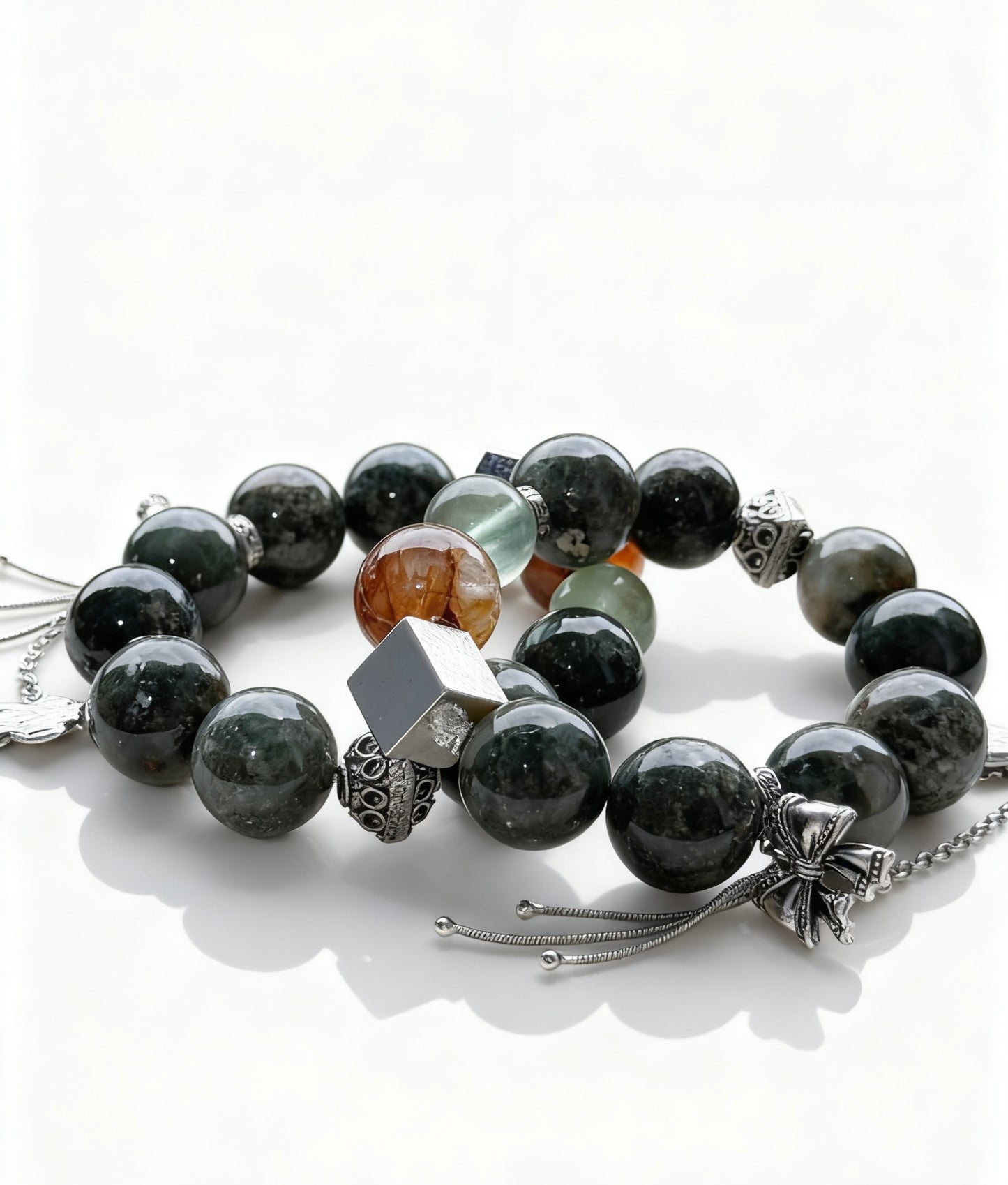 Green rabbit fur & golden healer & green fluorite original design bracelet Chunky beads