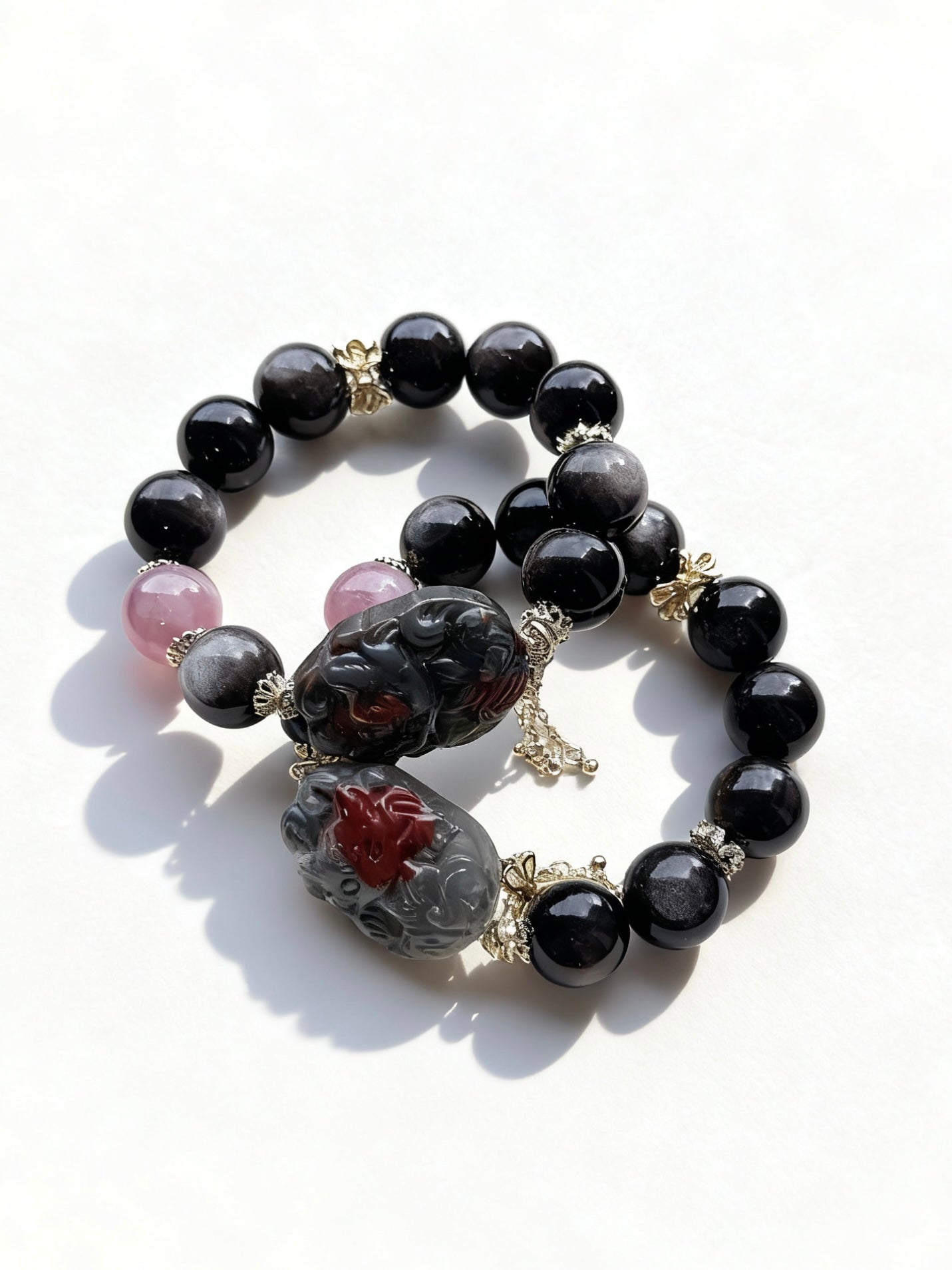 silver obsidian & bloodstone fox & rose quartz original design bracelet