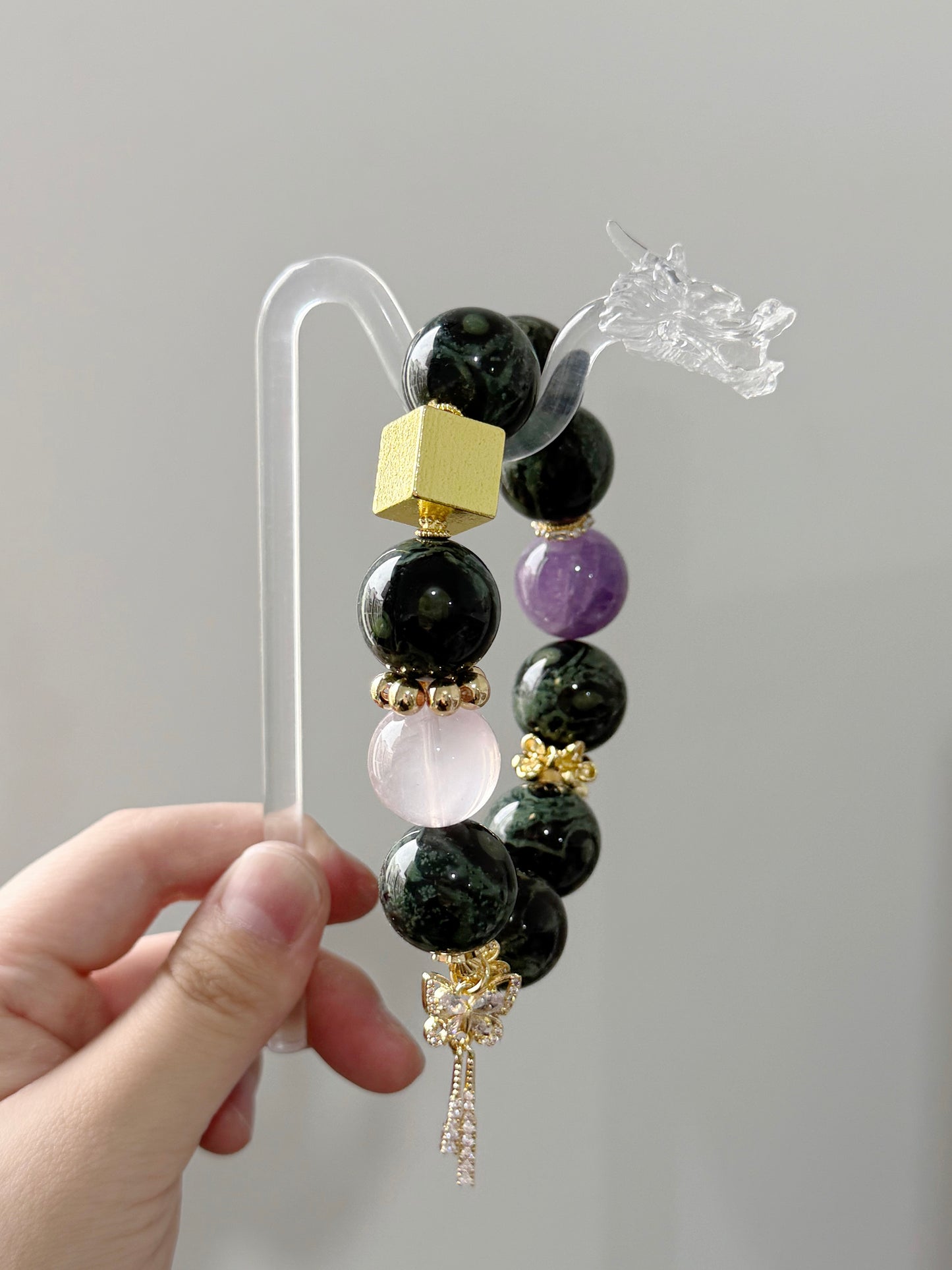 Kambaba jasper &rose quartz & amethyst original design bracelet Chunky beads