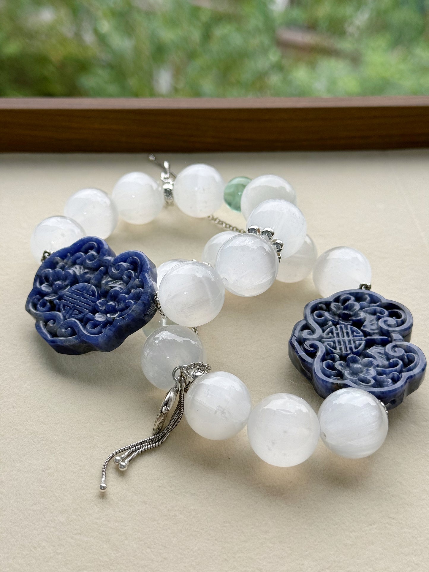 Selenite & sodalite RuYi  original design bracelet Chunky beads