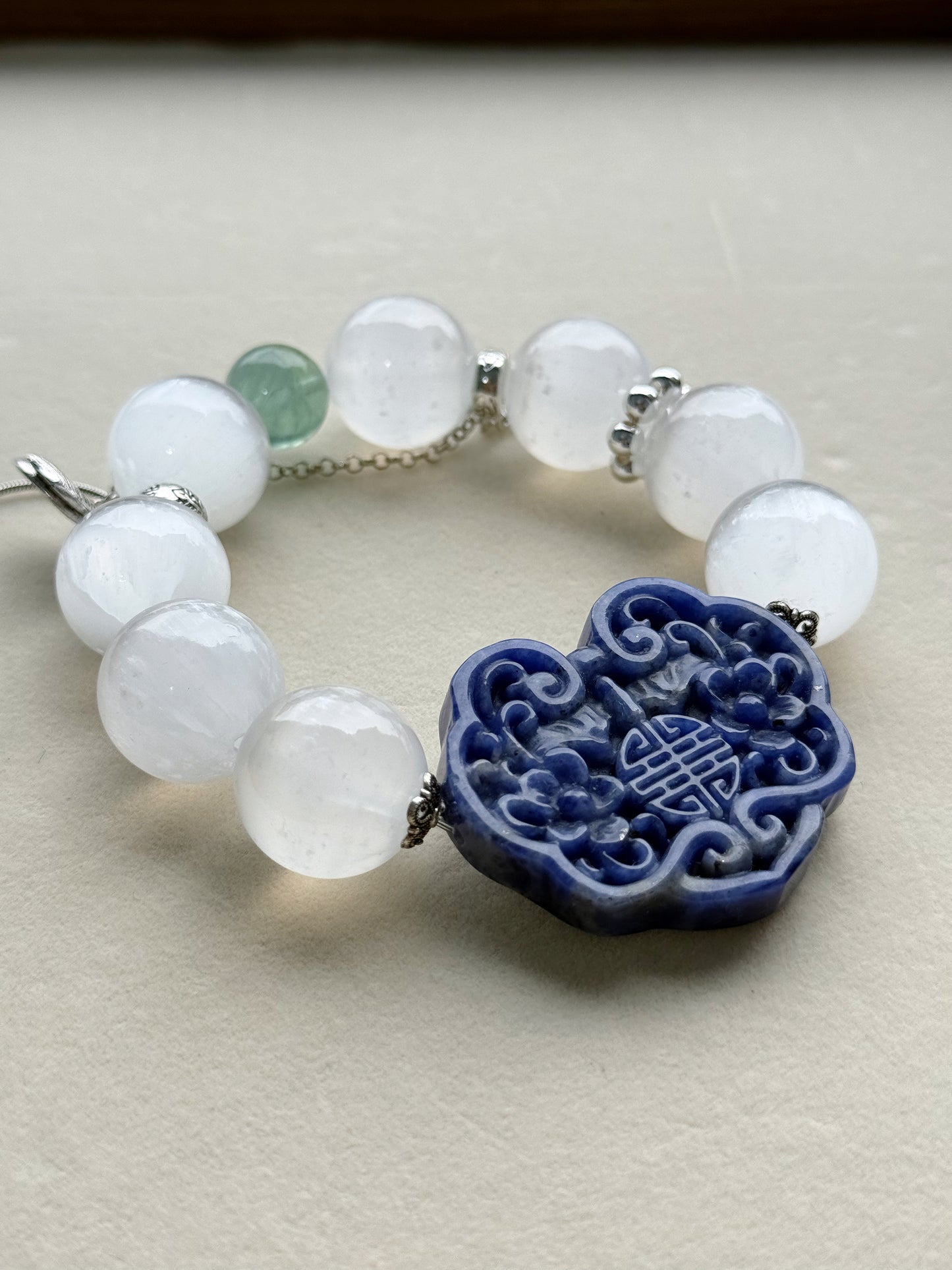 Selenite & sodalite RuYi  original design bracelet Chunky beads