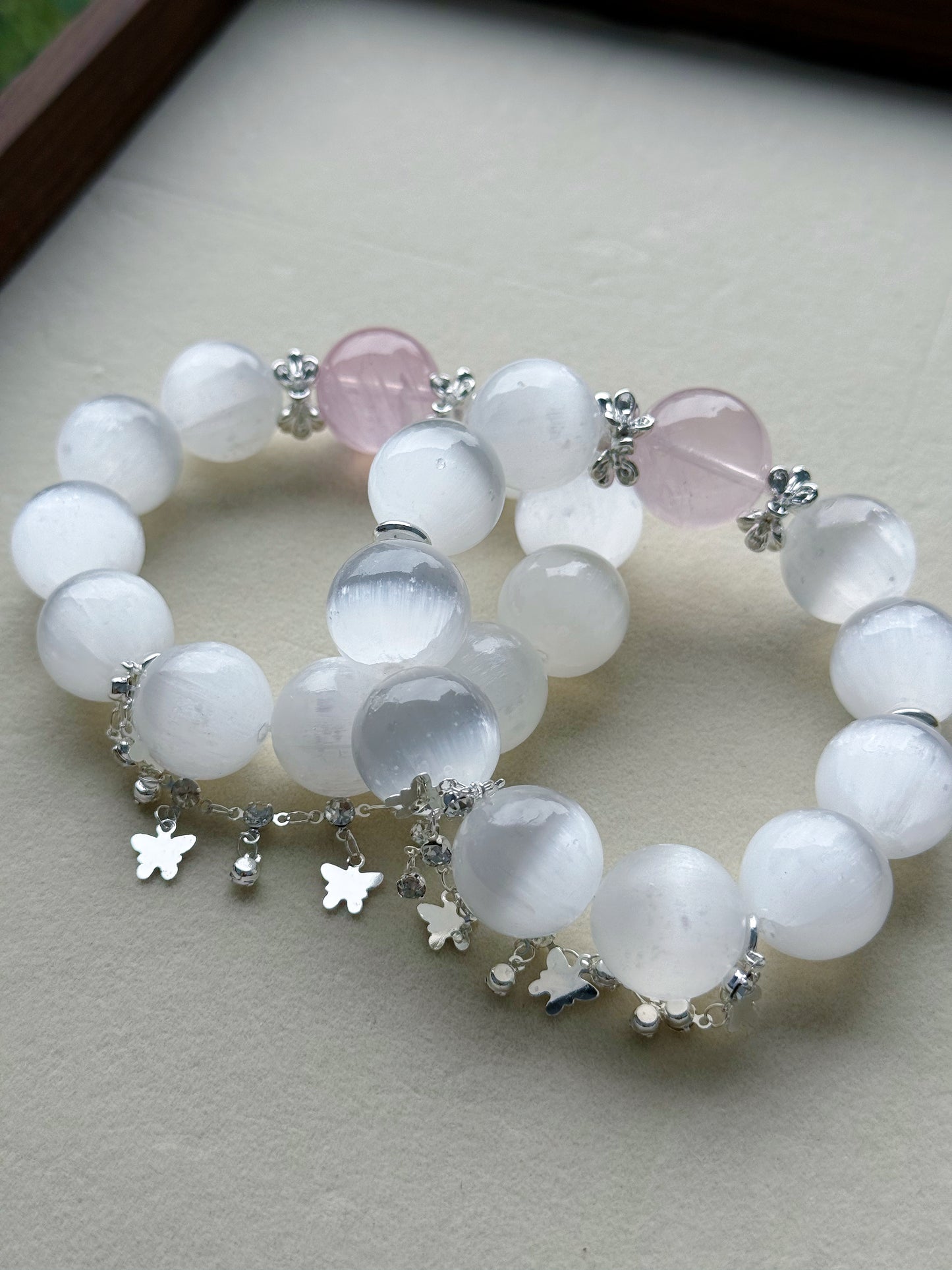 Selenite & rose quartz original design bracelet