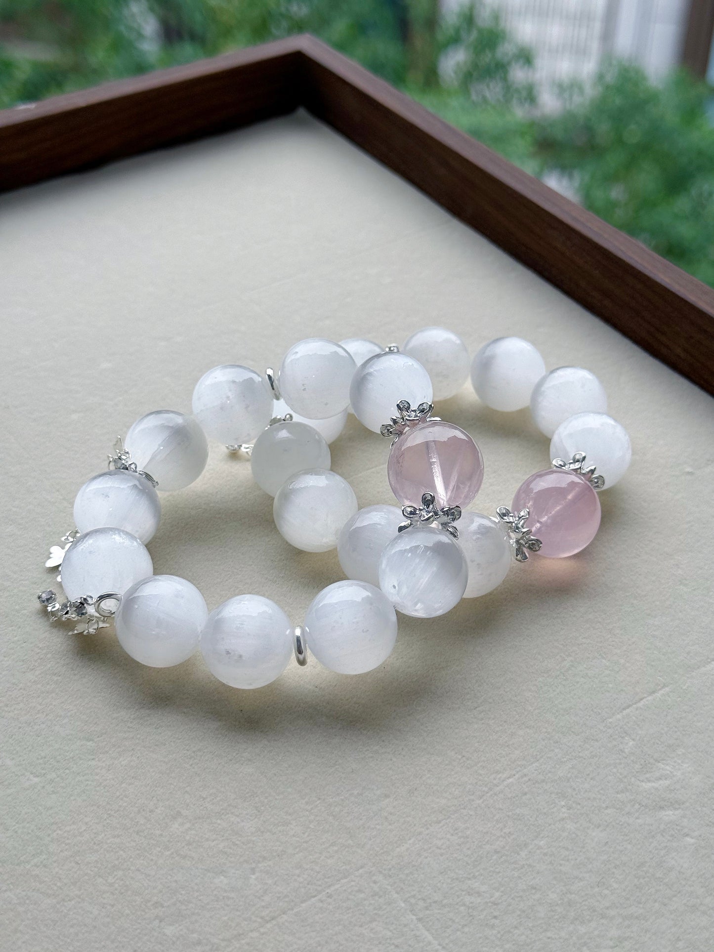 Selenite & rose quartz original design bracelet