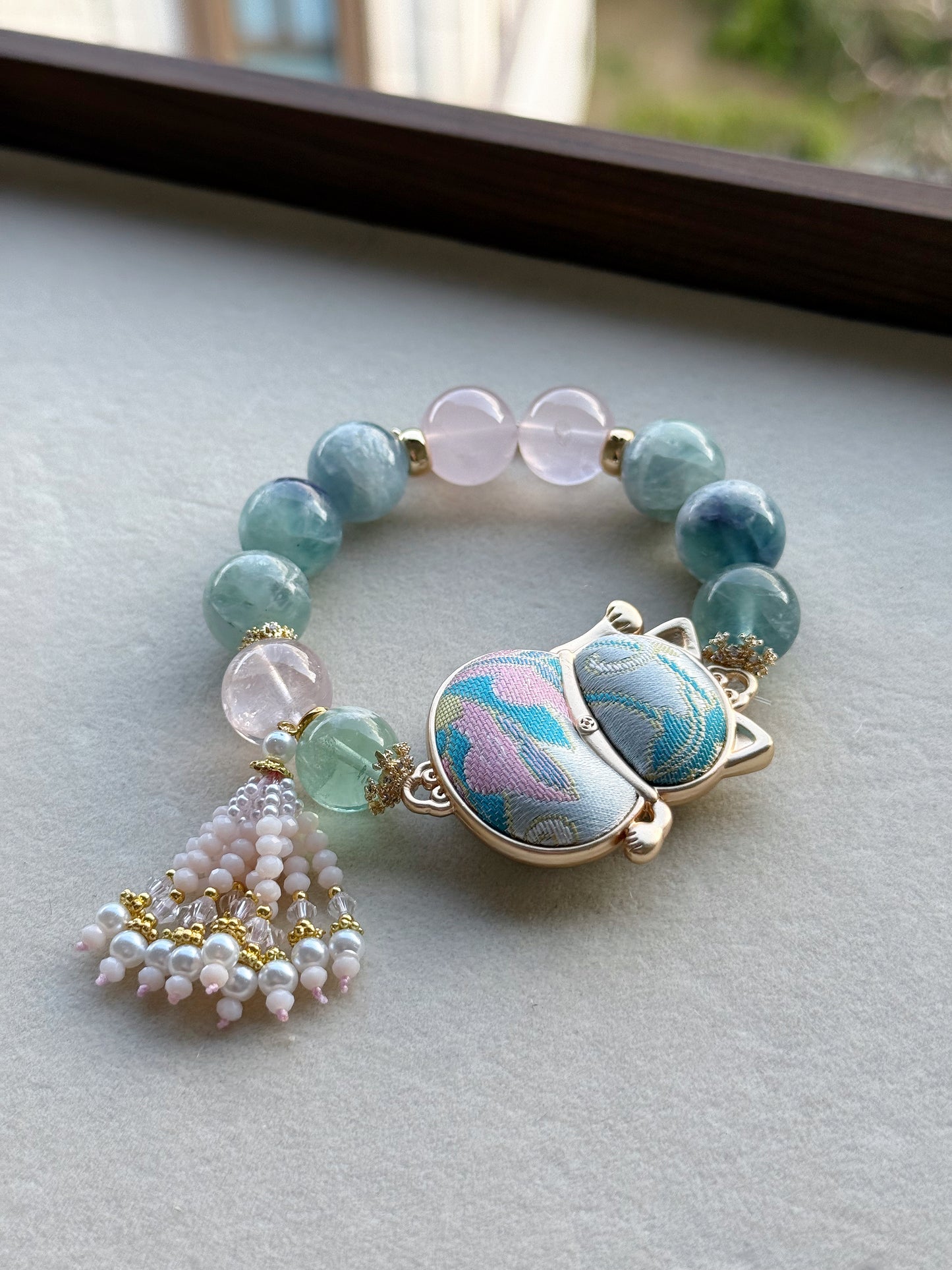 Feather fluorite & rose quartz original design bracelet
