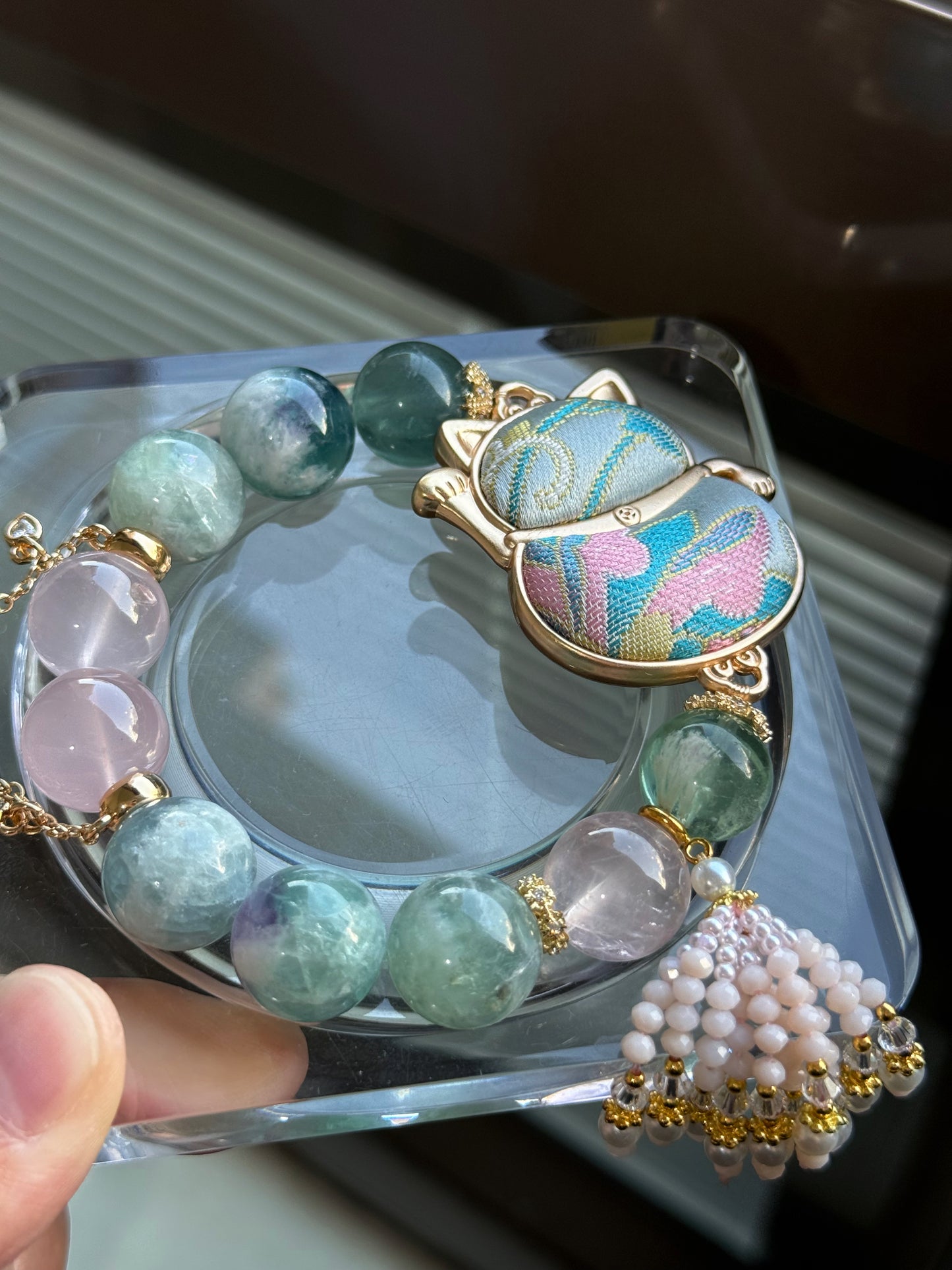 Feather fluorite & rose quartz original design bracelet