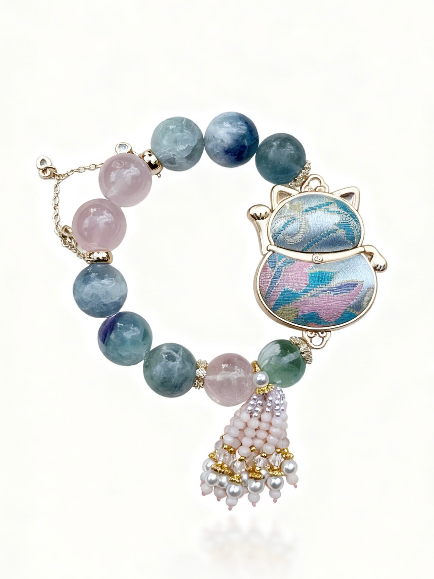 Feather fluorite & rose quartz original design bracelet