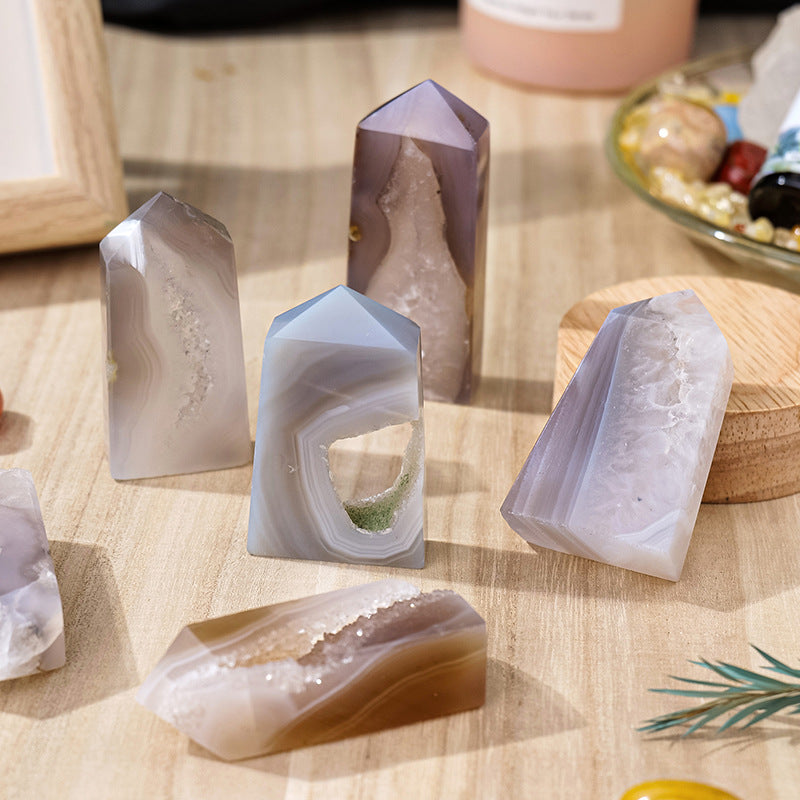 Gray Agate Geode Crystal Pillar Polishing