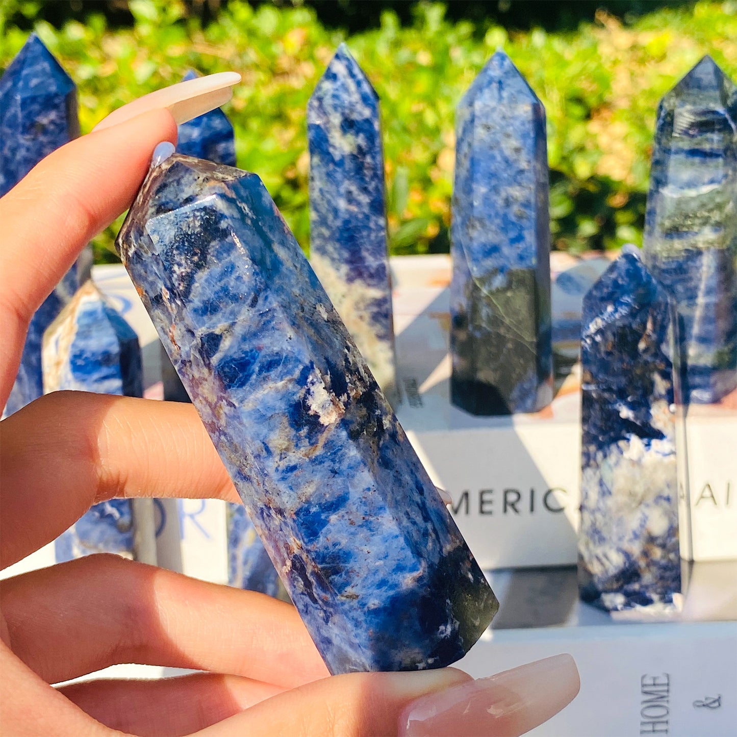Natural blue stone crystal hexagonal prism