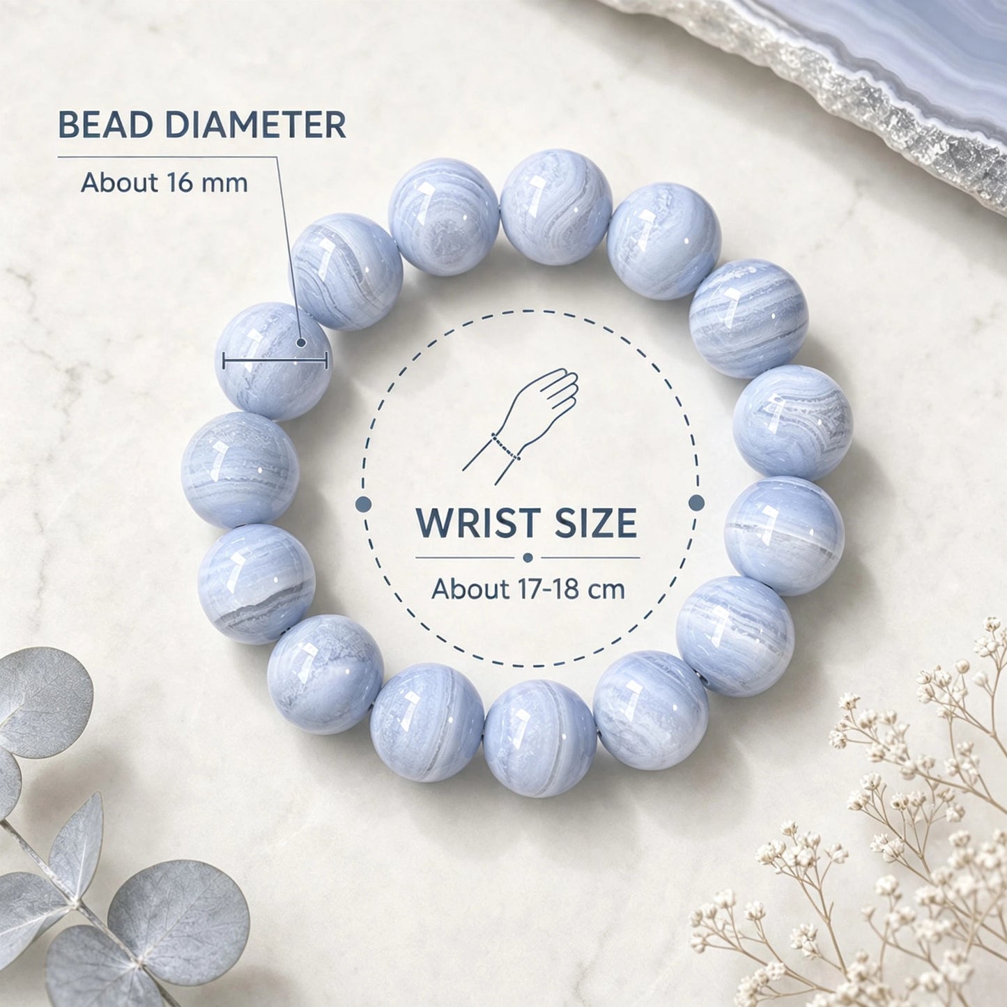 Blue Lace Agate Round Beaded Bracelet, 16mm Polished Stone Bead Bracelet, Handmade Fashion Jewelry Accessory for Men Women, Gift & Collection Ornament