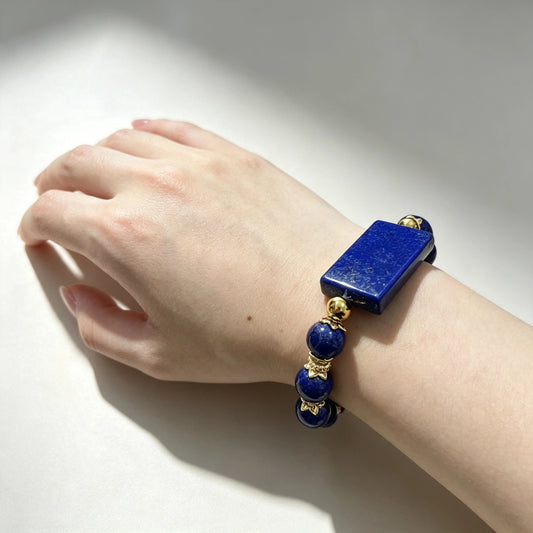 Vintage Lapis Lazuli Bracelet | Handmade Natural Blue Gemstone Jewelry with Gold Accents