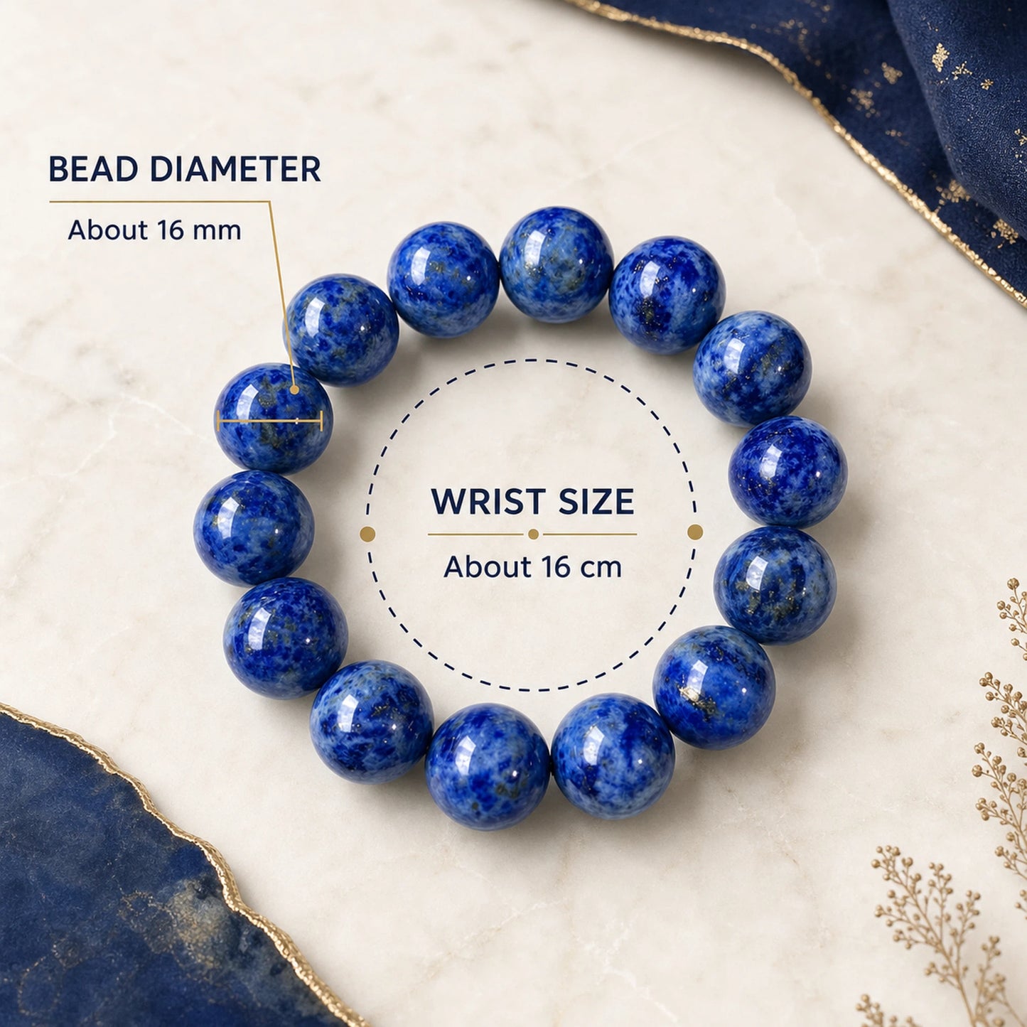 Lapis Lazuli Round Beaded Bracelet, 16mm Smooth Polished Stone Bead Bracelet, Handmade Fashion Jewelry Accessory for Men Women, Ideal Gift & Collection Ornament