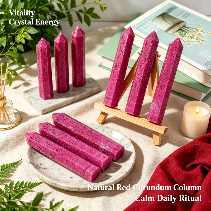 Natural red corundum hexagonal crystal column