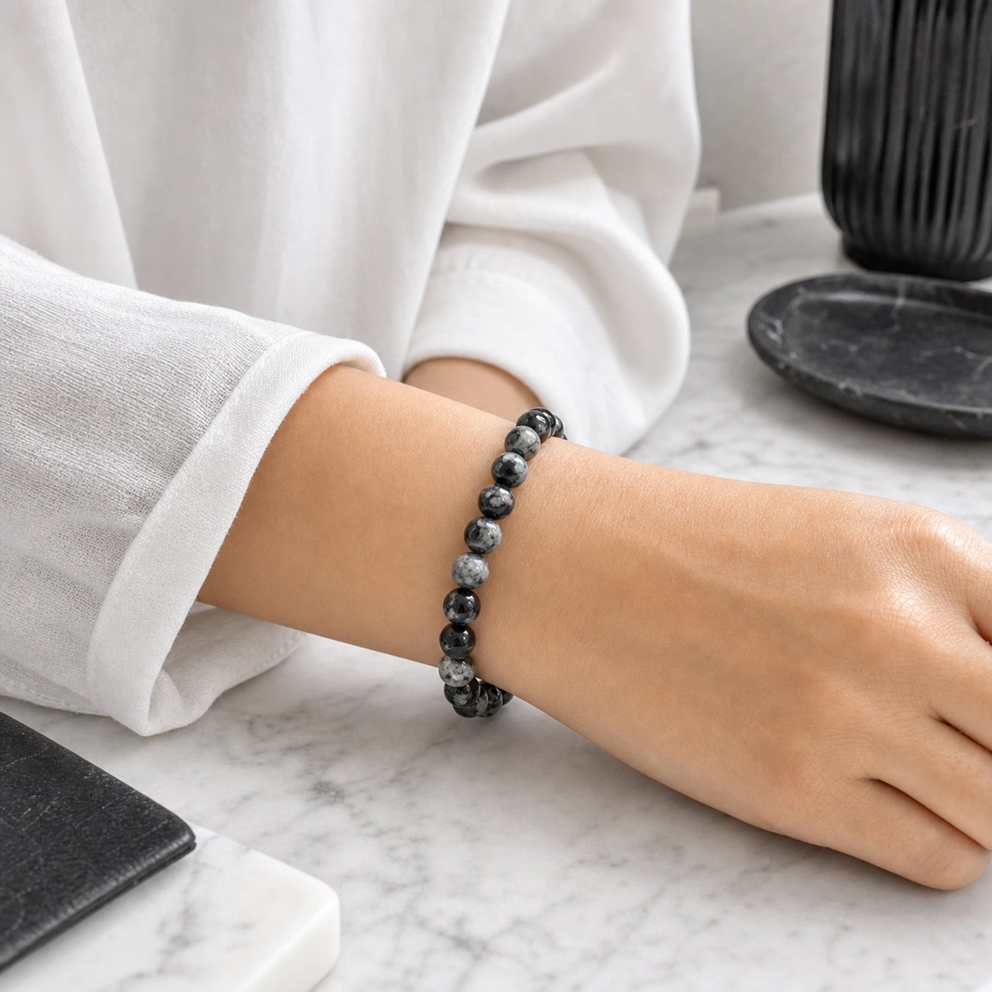 12mm Black Flower Agate Round Beaded Bracelet, Polished Stone Bead Bracelet, Handmade Jewelry Gift for Men Women