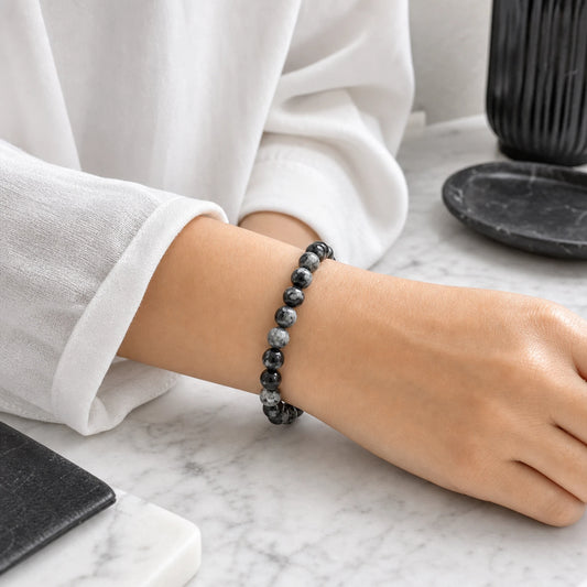 12mm Black Flower Agate Beaded Bracelet
