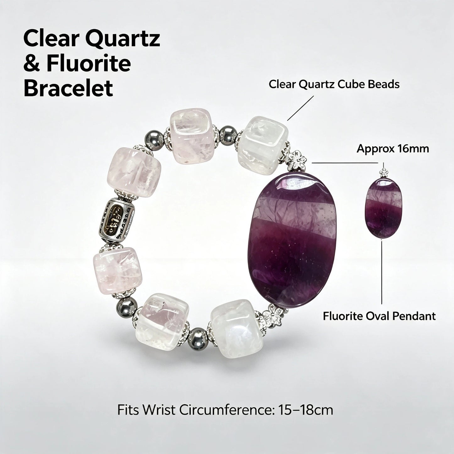 Clear Quartz & Purple Fluorite Bracelet, 16mm Cube Clear Quartz Beads Handmade Stone Jewelry for Women Men