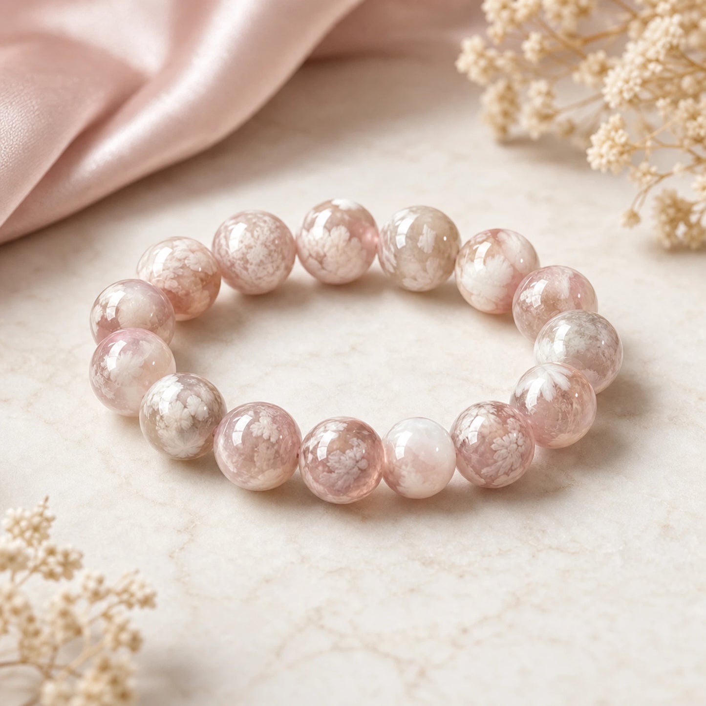 Flower Agate Round Beaded Bracelet, 16mm Polished Stone Bead Bracelet, Handmade Fashion Jewelry Accessory for Women, Collection & Gift Ornament