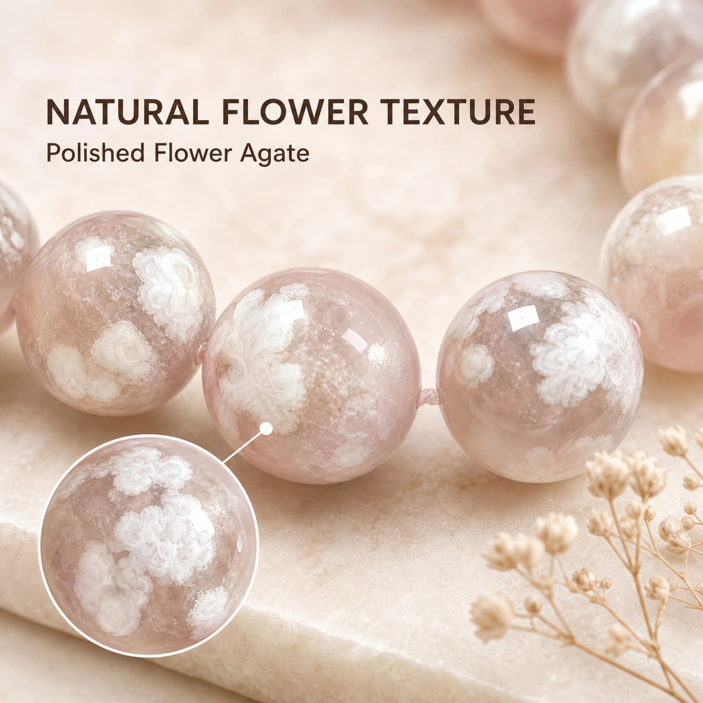 Flower Agate Round Beaded Bracelet, 16mm Polished Stone Bead Bracelet, Handmade Fashion Jewelry Accessory for Women, Collection & Gift Ornament
