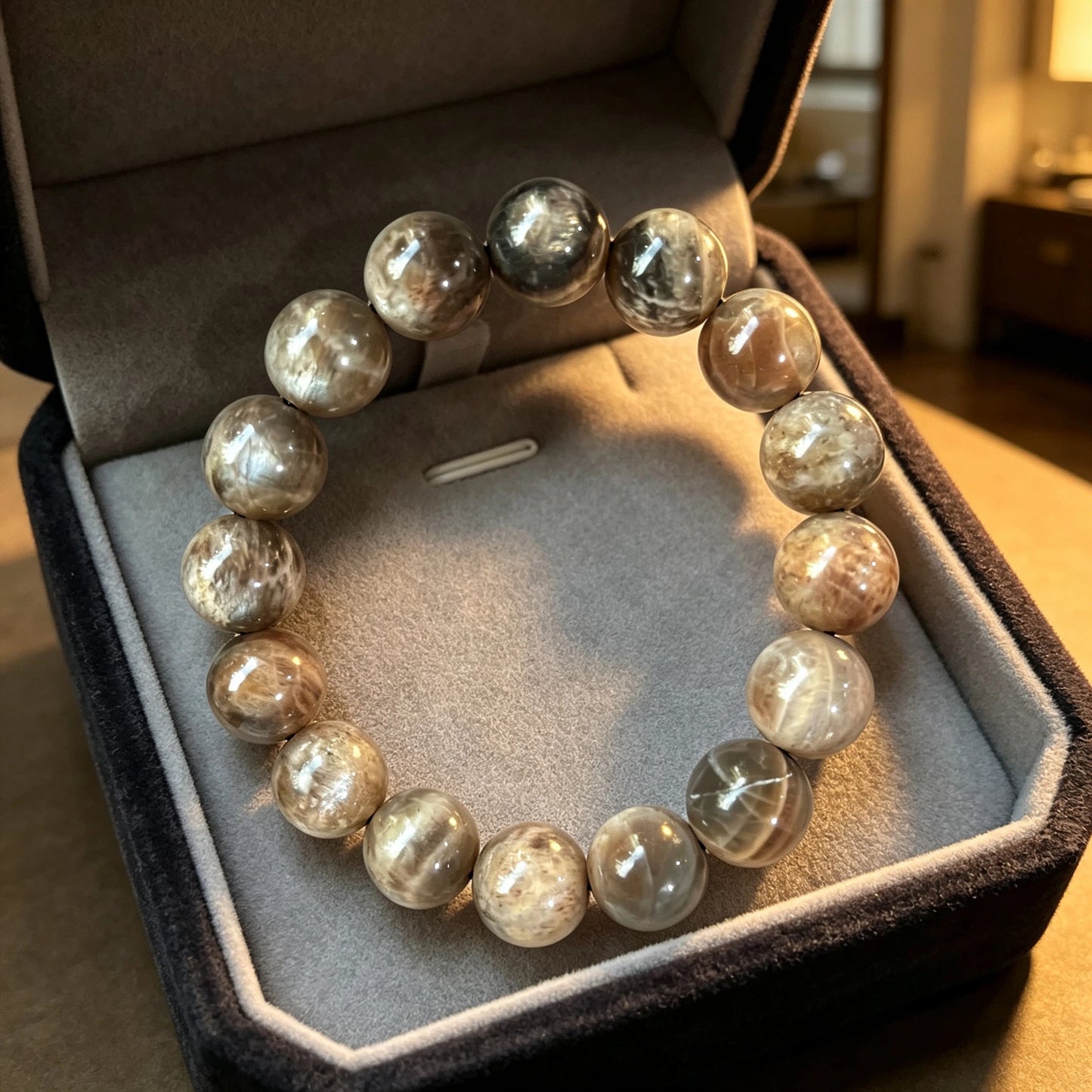 12mm Grey Moonstone Beaded Stretch Bracelet, Natural Stone Jewelry Gift for Men Women