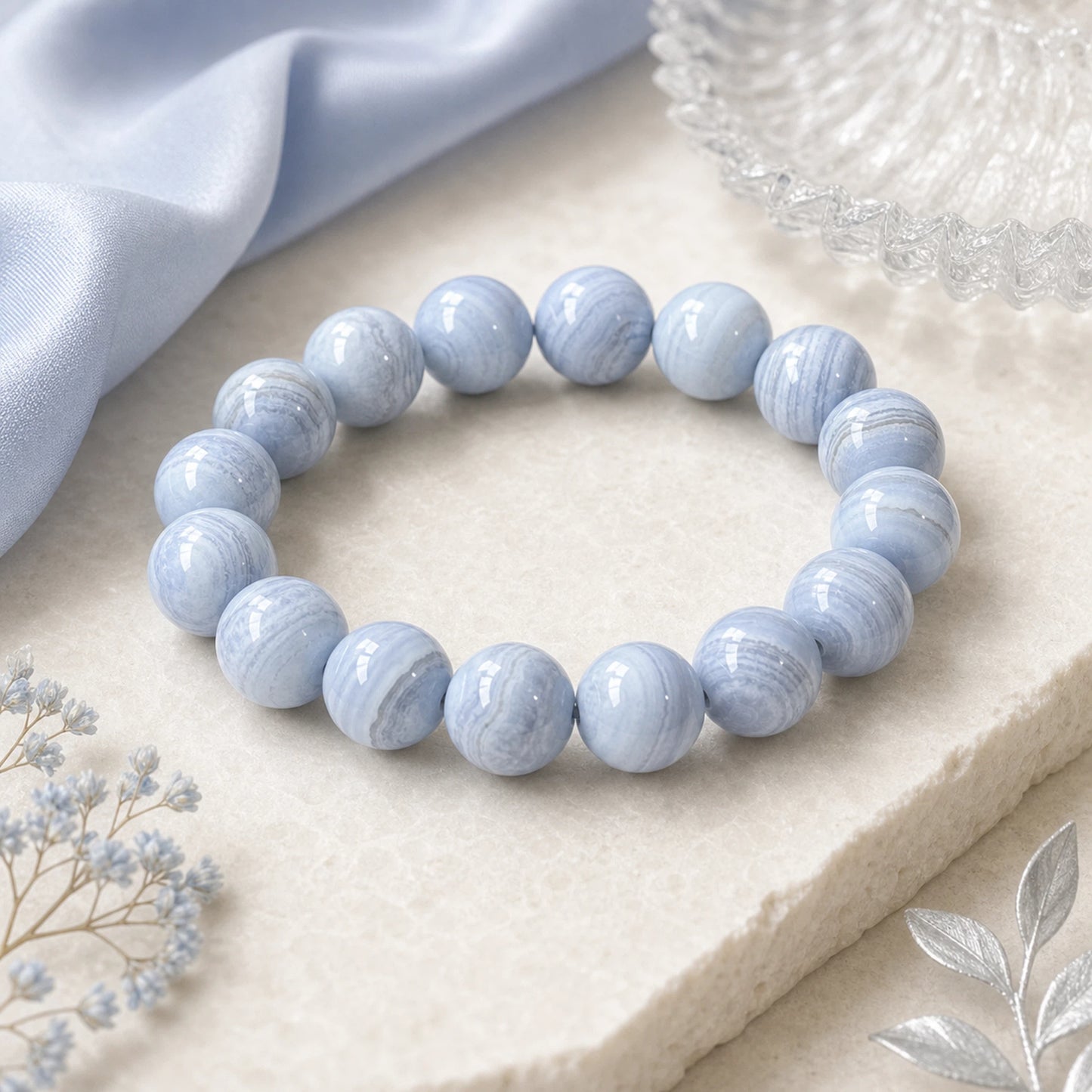 Blue Lace Agate Round Beaded Bracelet, 16mm Polished Stone Bead Bracelet, Handmade Fashion Jewelry Accessory for Men Women, Gift & Collection Ornament