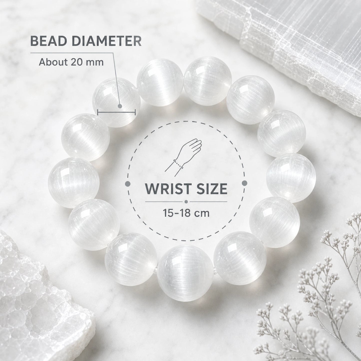 Selenite Round Beaded Bracelet, 20mm Smooth Polished Stone Bead Bracelet, Handmade Fashion Jewelry Accessory for Men Women, Gift & Collection Ornament