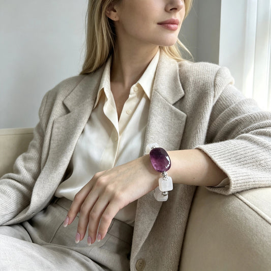 Clear Quartz & Purple Fluorite Bracelet for Men and Women