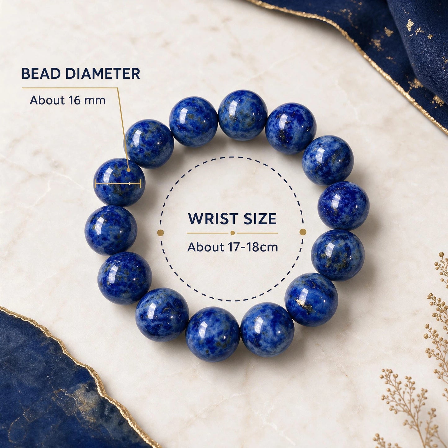 Lapis Lazuli Round Beaded Bracelet, 16mm Smooth Polished Stone Bead Bracelet, Handmade Fashion Jewelry Accessory for Men Women, Ideal Gift & Collection Ornament