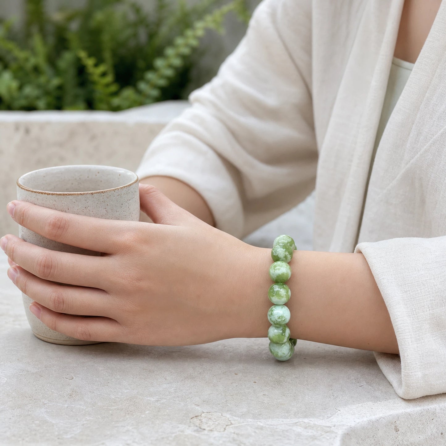 Serpentine Jade Round Beaded Bracelet, 16mm Smooth Polished Stone Bead Bracelet, Fashion Handmade Jewelry Accessory for Men Women, Gift for Collection