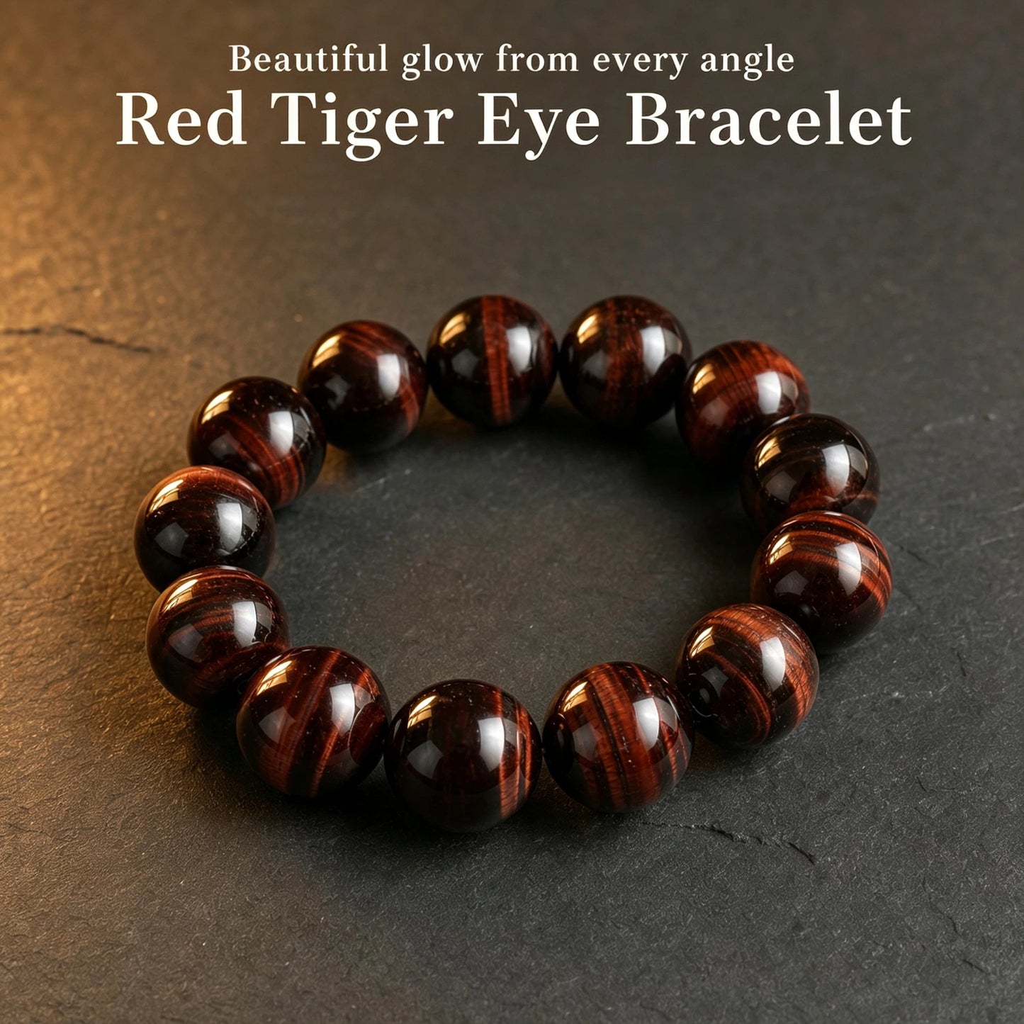 16mm Red Tiger Eye Round Beaded Bracelet, Polished Stone Bead Bracelet, Handmade Jewelry Gift for Men Women