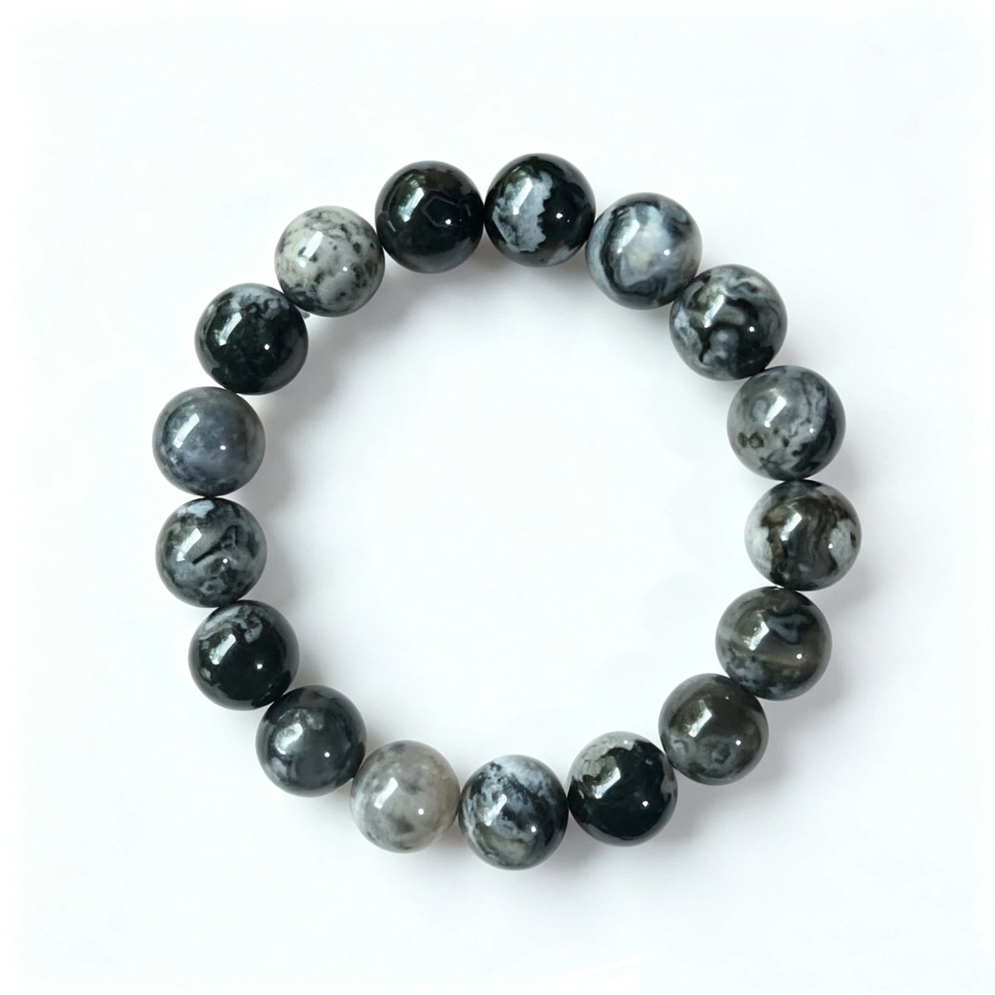 12mm Black Flower Agate Round Beaded Bracelet, Polished Stone Bead Bracelet, Handmade Jewelry Gift for Men Women