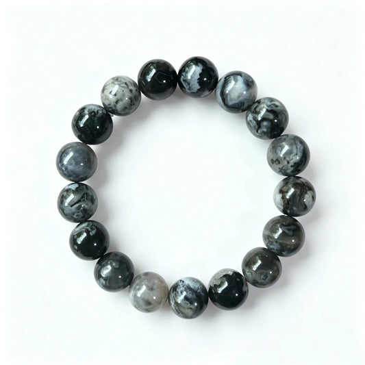 12mm Black Flower Agate Round Beaded Bracelet, Polished Stone Bead Bracelet, Handmade Jewelry Gift for Men Women