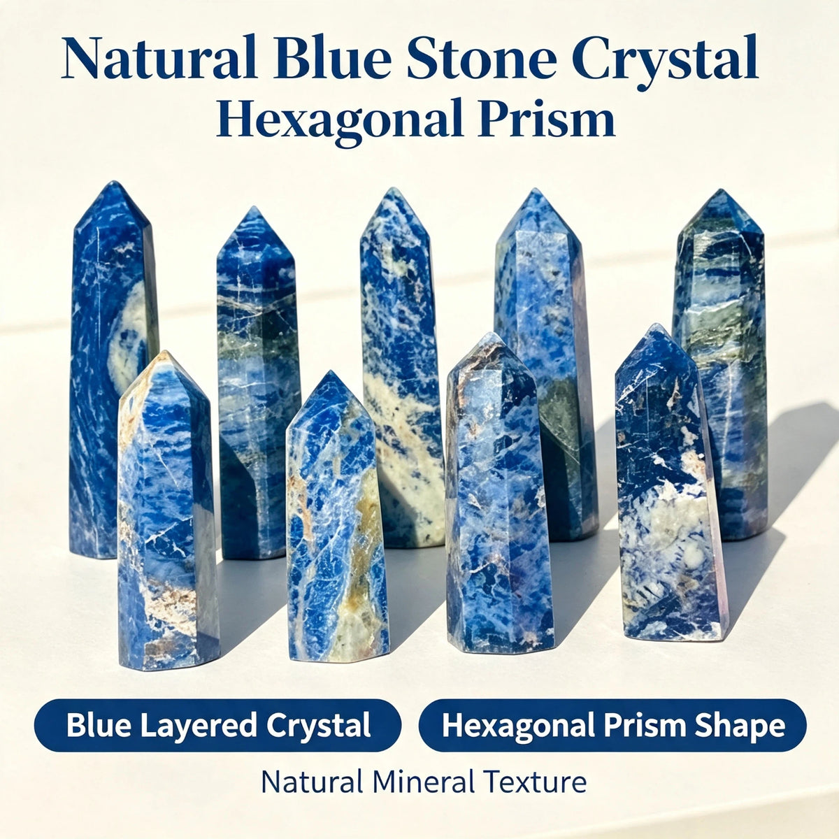 Natural blue stone crystal hexagonal prism