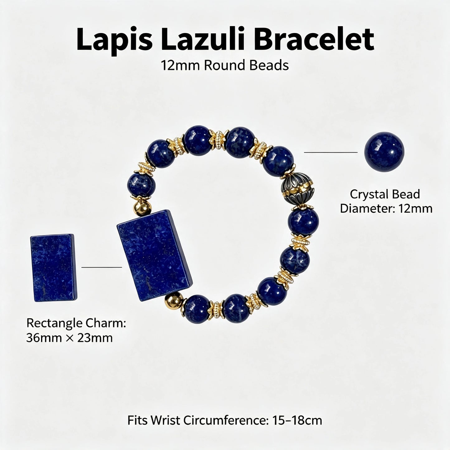 12mm Lapis Lazuli Bracelet with Rectangle Pendant, Handmade Natural Stone Beaded Jewelry for Men Women