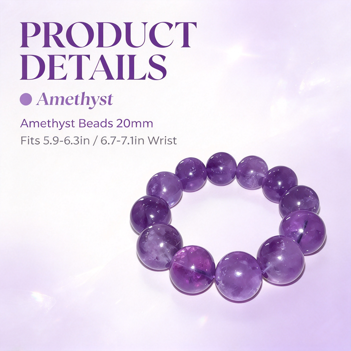 20mm Amethyst Natural Crystal Stretch Bracelet Unisex 2 Size Options