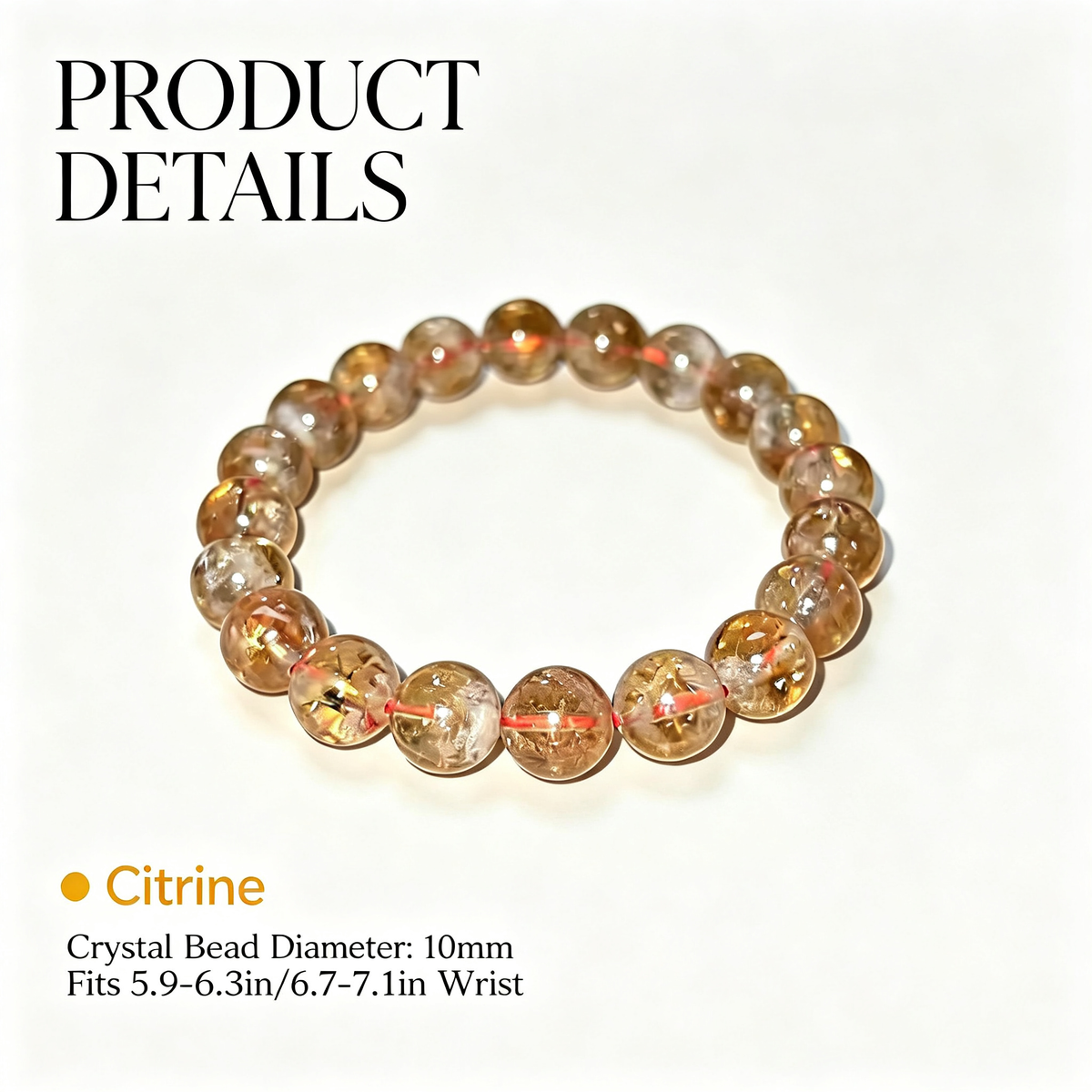 10mm Citrine Natural Crystal Stretch Bracelet Unisex 2 Size Options