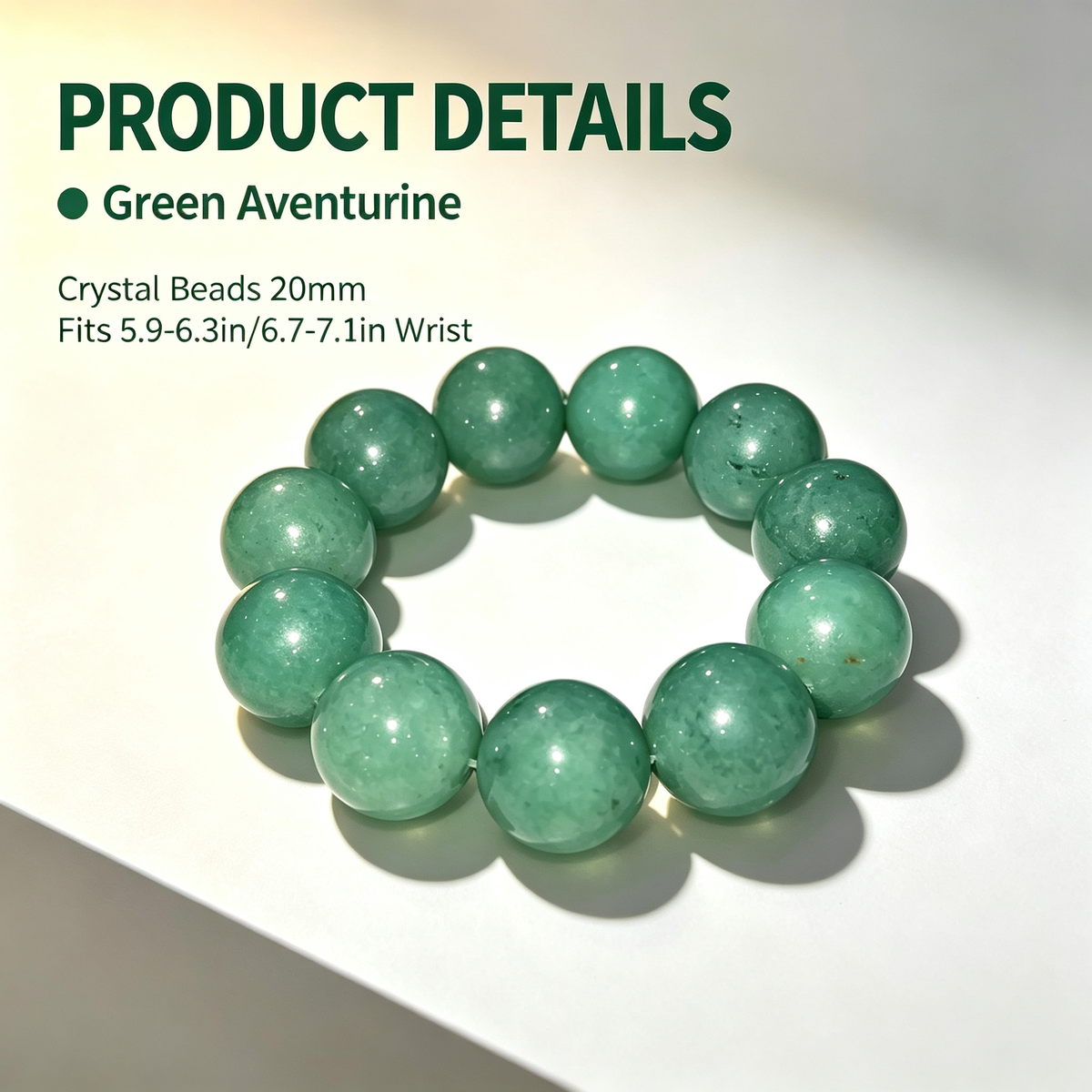 20mm Green Aventurine Natural Crystal Stretch Bracelet Unisex 2 Size Options